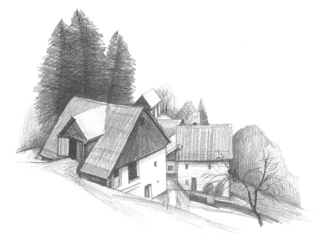 Klanec do doma 2 je zbirka 600 risb kmečkih hiš in 302 zgodb Rafaela Terpina. Na fotografiji upodobitev Na Vrtači, Reka 16 (1993).
