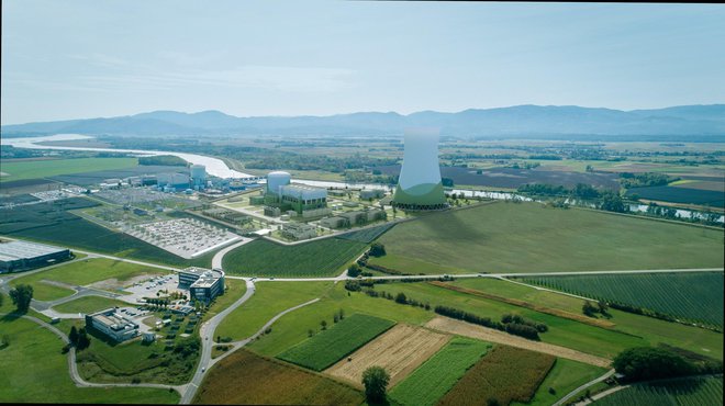 Slovenija je še daleč od morebitnega začetka gradnje drugega bloka, ki bi bil v nuklearko umeščen približno tako, kot prikazuje vizualizacija. FOTO: Gen energija
