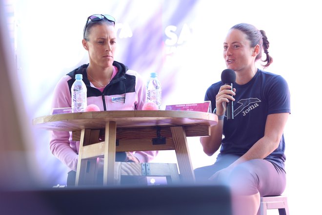 Andreja Klepač in Tamara Zidanšek (desno) pred začetkom letošnjega&nbsp;turnirja v Portorožu. FOTO: Črt Piksi/Delo
