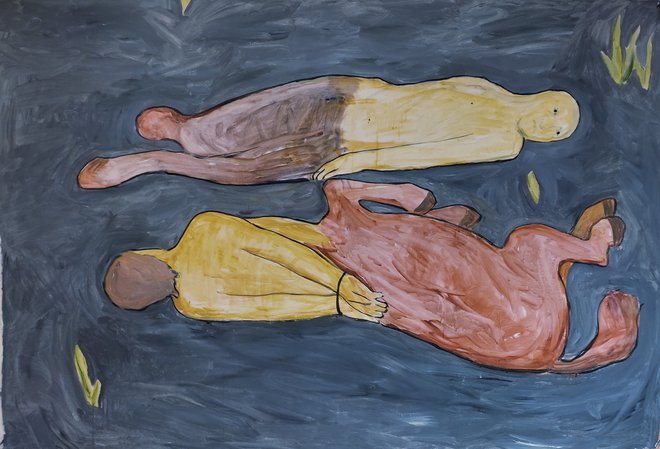 Zvezani kentavri na slikah umetnice Kateryne Lysovenko ležijo na tleh, oropani dostojanstva, človeškosti, zreducirani na monstrume, polbitja, ki jih oblikuje vojna. FOTO: arhiv festivala Štajerska jesen
