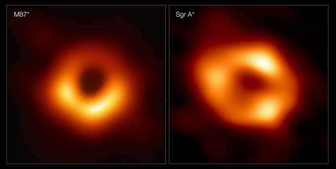 M87 leži 55 milijonov svetlobnih let stran od nas v središču galaksije Messier 87 in je ena največjih znanih črnih lukenj. Strelec A* (Sgr A*) je v središču naše galaksije, od nas oddaljen 27.000 svetlobnih let, in ima maso štirih milijonov Sonc. M87 je 1500-krat bolj masivna. Foto EHT Collaboration

