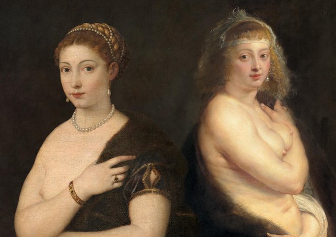 Na plakatu razstave Idoli in rivali se pomerita Tizianovo dekle (levo, detajl) in Rubensova druga žena (desno, detajl). FOTO:&nbsp;Muzejska skupina HKM
