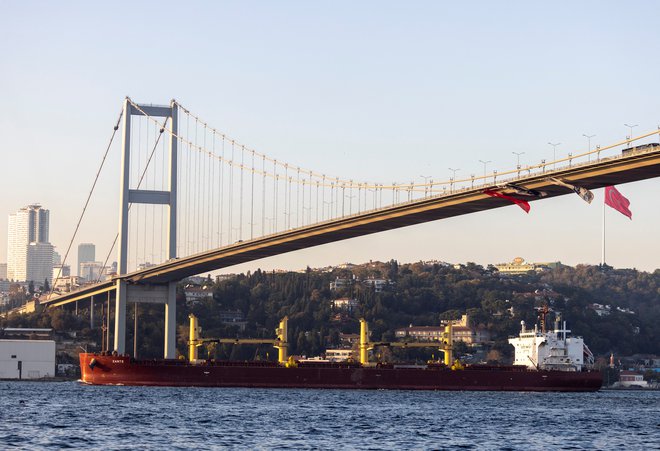 Tovorno plovilo Zante, ki prevaža ukrajinsko žito, med plutjem skozi Bospor. FOTO:&nbsp;Umit Bektas/Reuters
