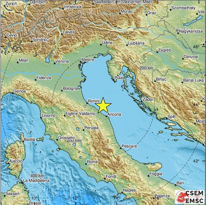 Potres so čutili tudi v Sloveniji in na Hrvaškem.&nbsp;FOTO: EMSC
