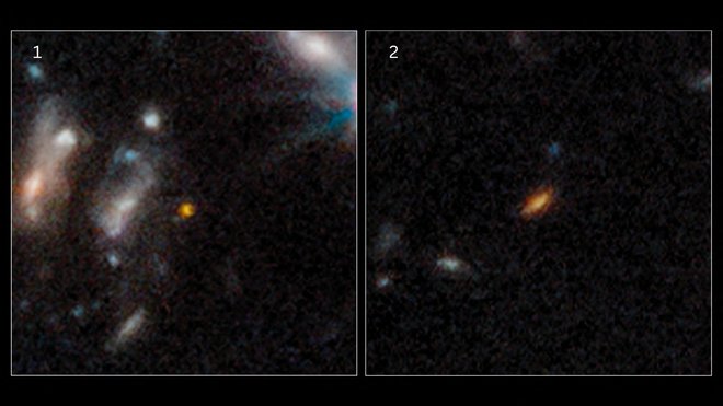 Povečava obeh odkritih galaksij (na levi sliki je galaksija, ki je bolj oddaljena od nas). FOTO: ESA, NASA, CSA, STScI/AFP
