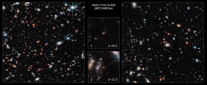 Webb je opazoval jato galaksij Abell 2744, takšne jate delujejo kot povečevalno steklo in razkrijejo objekte za njimi. Tako sta se pokazali galaksiji, stari le 350 milijonov (številka 2) in 450 milijonov (številka 1), ki nista del jate, gledano od začetka vesolja, ki šteje 13,8 milijarde let. Galaksiji sta v primerjavi z našo zelo majhni. FOTO: NASA, ESA, CSA, T. Treu (UCLA)

 
