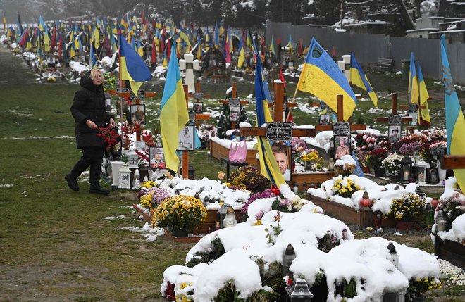 Ta teden je minilo devet mesecev od začetka ruske agresije na Ukrajino. Na fotografiji pokopališče v Lvovu Foto Yuriy Dyachyshyn/AFP
