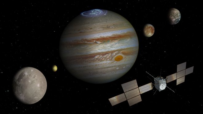 Juice bo raziskoval Jupitrove lune Evropa, Kalisto in Ganimed, v orbito slednje se bo tudi utril. FOTO:&nbsp;Esa/ATG
