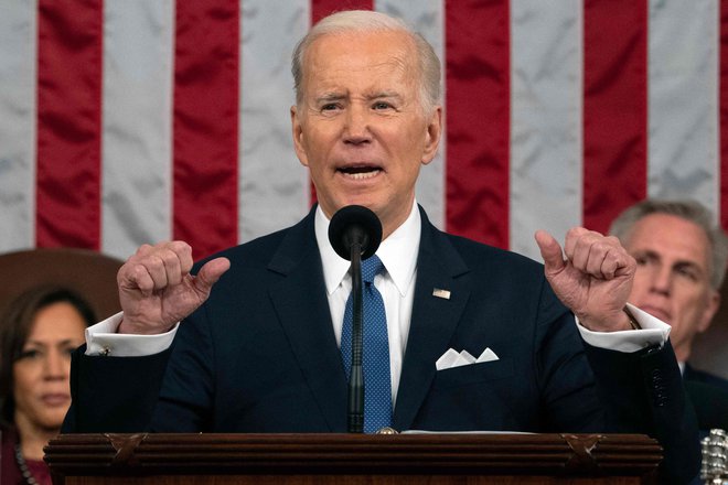 Ameriški predsednik Joe Biden med ustavno predpisanim govorom o stanju v državi. Foto Jacquelyn Martin/Afp
