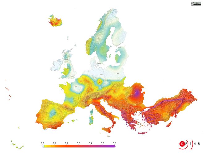 Slovenija spada med potresno najbolj ogrožene države v Evropi. FOTO: Evropsko združenje za potresno nevarnost in ogroženost (EFEHR, European Facilities for Earthquake Hazard and Risk)
