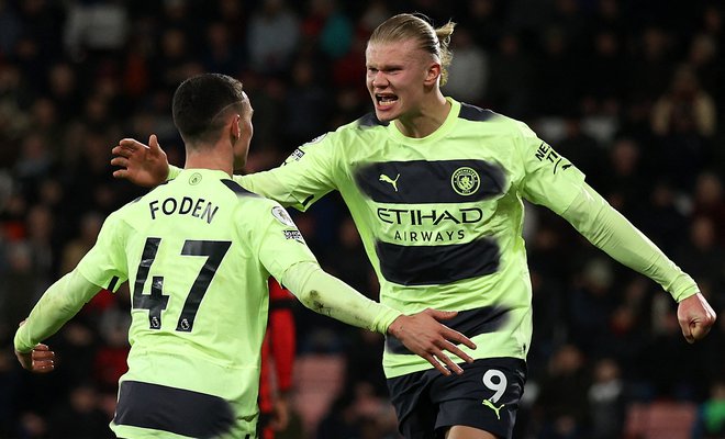 Med strelce za ManCity sta se vpisala tako&nbsp;Phil Foden kot&nbsp;Erling Haaland. FOTO: Adrian Dennis/AFP
