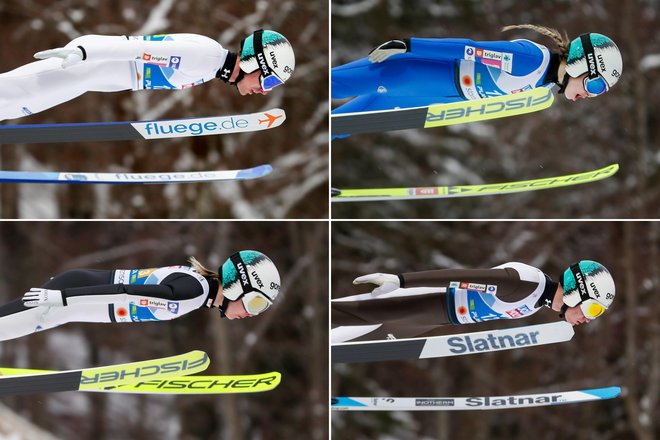 Timi Zajc, Nika Križnar, Ema Klinec in Anže Lanišek so takole leteli proti bronasti kolajni na tekmi mešanih ekip. FOTO: Matej Družnik/Delo
