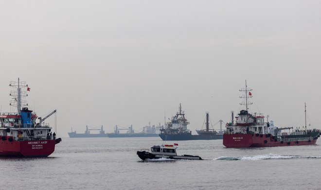 Tovorne ladje, med njimi tudi tiste, ki sodelujejo v črnomorski žitni pobudi, med čakanjem na vstop v bosporsko ožino.

FOTO:&nbsp;&nbsp;Umit Bektas/Reuters
