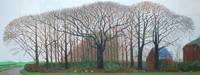 Leta 2007 je naslikal svojo največjo sliko Večja drevesa pri Warterju, ki meri kar 4,6 krat 12,2 metra. Prikazuje naravo iz njegovega rojstnega Yorkshira, in sicer gorske javorje tik pred nastopom pomladi. FOTO: Promocijsko gradivo

