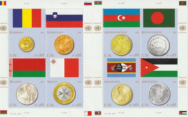 Slovenska zastava in nacionalna stran slovenskega kovanca za pet centov (Sejalec), del serije znamk ZN Zastave sveta, izdane leta 2010 na Dunaju. FOTO: Poštna uprava OZN