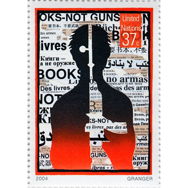 Books-Not Guns (Knjige, ne puške), znamka OZN, izdaja poštnega urada ZN v New Yorku leta 2004; znamko je prvega dne predstavil igralec Michael Douglas.FOTO: Poštna uprava OZN