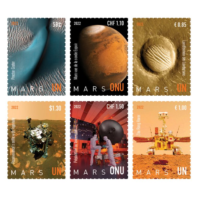 Raziskovanja Marsa je tema serije znamk ZN, izdane v New Yorku, Ženevi in na Dunaju leta 2022. Fotografije: NASA, Emirate Mars Mission in CNSA. FOTO: Poštna uprava OZN