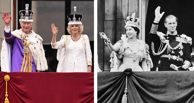 Kombinacija fotografij prikazuje britanskega kralja Karla III. s cesarsko državno krono in britansko kraljico Camillo, ki mahata z balkona Buckinghamske palače po ogledu preleta kraljevih letalskih sil po kronanju in britansko kraljico Elizabeto II v spremstvu svojega moža princa Filipa, vojvode edinburškega ki maha množici z balkona Buckinghamske palače 2. junija 1953, po kronanju v opatiji Westminter. Sobotno kronanje je bilo prvo v Veliki Britaniji po 70 letih in šele drugo v zgodovini, ki so ga prenašali po televiziji. Foto: Oli Scarff/Afp