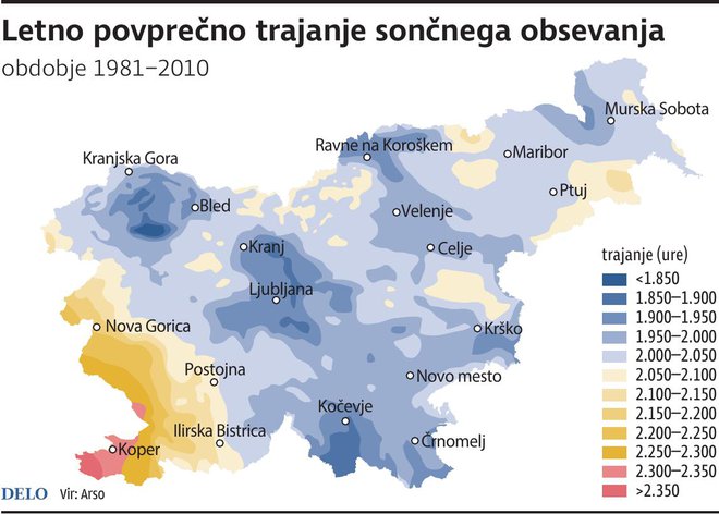 letno povprecno trajanje soncnega obsevanja