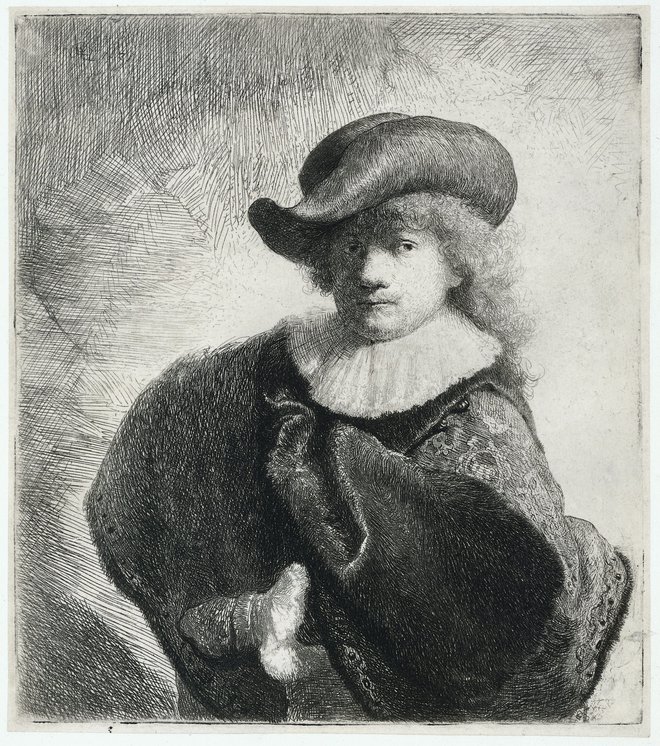 Lastna podoba z mehkim klobukom in vzorčastim plaščem, 1631, jedkanica in suha igla, Rijksmuseum, Amsterdam FOTO: Rembrandthuis