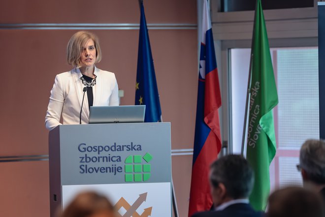 Mag. Marjana Majerič, izvršna direktorica za področje strateškega razvoja in internacionalizacijo na GZS, je predstavila horizonte prihodnosti gospodarstva. FOTO: Črt Piksi/Delo