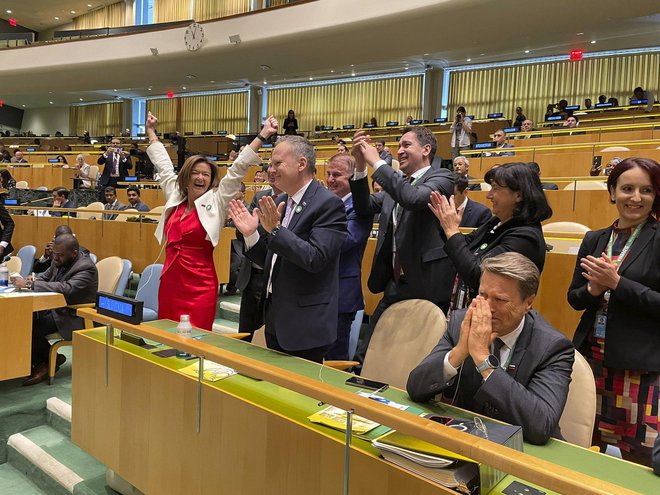 Veselje slovenske delegacije po izvolitvi Republike Slovenije v Varnostni svet Združenih narodov. Foto Tanja Fajon/twitter