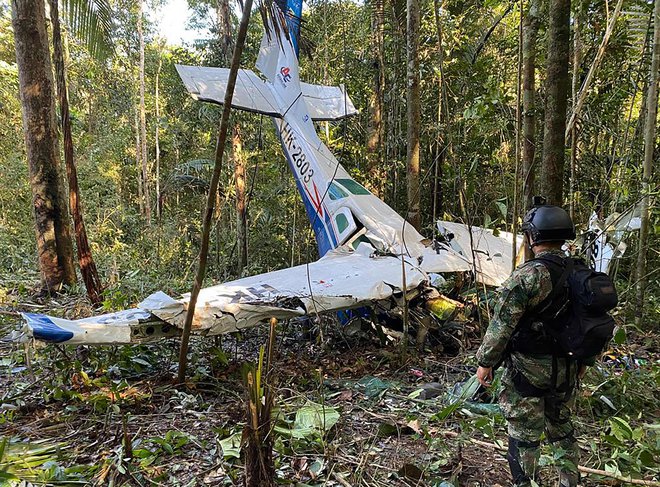 Dva tedna po strmoglavljenju, 16. maja, je iskalna ekipa našla letalo v gostem deževnem gozdu in izvlekla trupla treh odraslih na krovu, majhnih otrok pa ni bilo nikjer. FOTO: AFP