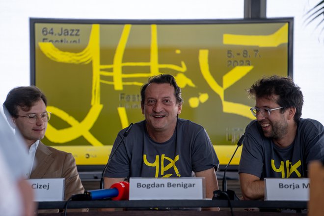 Rezident in tolkalec Domen Cizej, Bogdan Benigar ter Borja Močnik ob predstavitvi festivala v Klubu Cankarjevega doma FOTO: Nika Holcl Praper