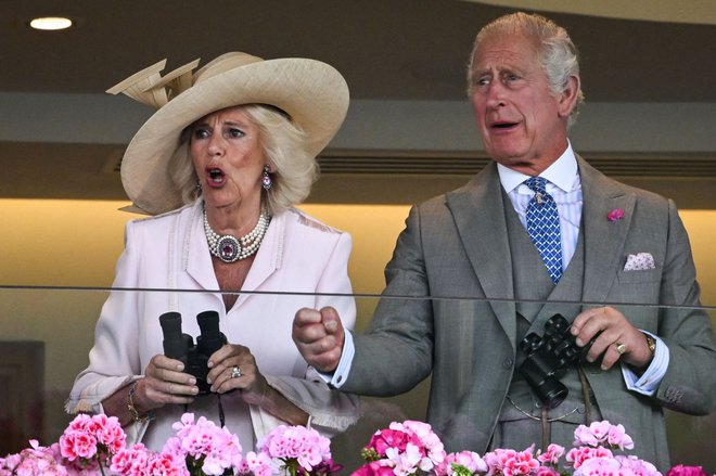 Britanska kraljica Camilla in britanski kralj Charles III. se zabavata med ogledom dirk drugega dne konjskih dirk Royal Ascot, zahodno od Londona. Foto: Justin Tallis/Afp