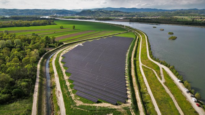 Družba Hidroelektrarne na spodnji Savi je ob vodnem zajetju hidroelektrarne Brežice prejšnji teden uradno odprla največjo sončno elektrarno v državi z močjo šest megavatov. FOTO: HESS