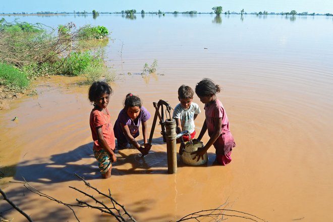 Otroci natakajo pitno vodo iz ročne črpalke na poplavljenem območju po razlitju reke Sutlej v indijski zvezni državi Pandžab, po močnem monsunskem deževju. Zaradi večdnevnega monsunskega deževja na severu Indije je umrlo najmanj 29 ljudi, številna območja so postala nedostopna, mostovi so porušeni, ceste pa blokirane. Foto: Shammi Mehra/Afp