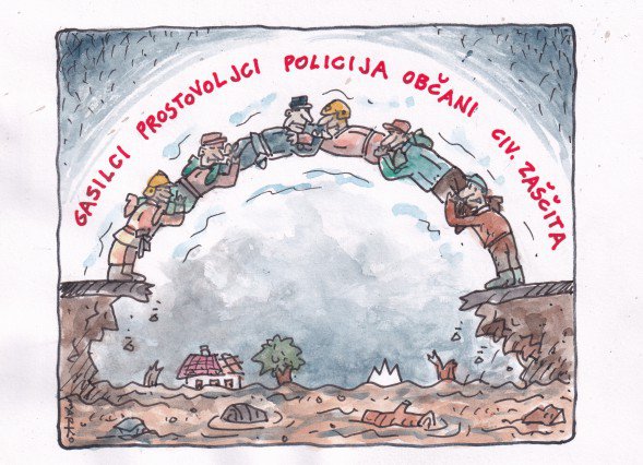 Ujma je zaradi človeških žrtev in nepopisne škode razlog za globoko žalost in bolečino, odziv družbe in državnih agencij je lahko razlog za ponos. KARIKATURA: Marko Kočevar