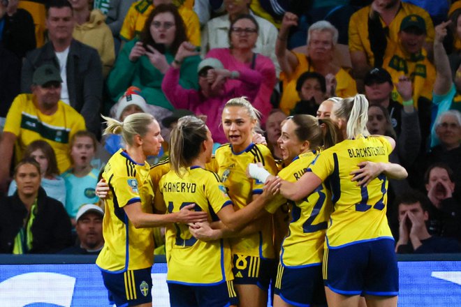 Švedinje so se takole veselili zmage v tekmi za tretje mesto. FOTO: Patrick Hamilton/AFP