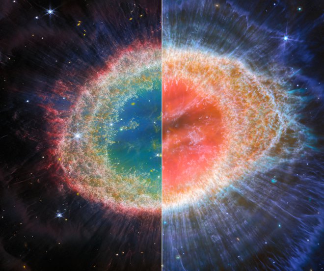 Sestavljena posnetka Obročaste meglice: levo je posnetek NIRCam, desno MIRI. FOTO: ESA/Webb, NASA, CSA, M. Barlow

 