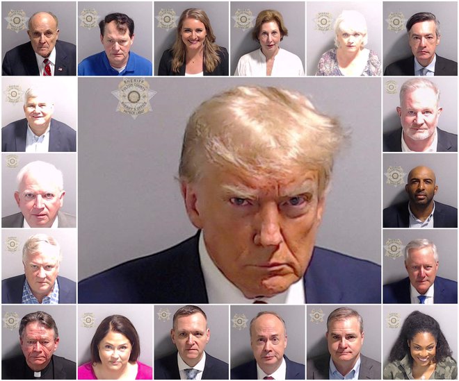 A combination picture shows police booking mugshots of former U.S. President Donald Trump and the 18 people indicted with him, including Rudy Giuliani, Ray Smith, Jenna Ellis, Sidney Powell, Cathy Latham, Kenneth Chesebro, David Shafer, John Eastman, Scott Hall, Harrison Floyd, Mark Meadows, Trevian Kutti, Shawn Still, Jeffrey Clark, Michael Roman, Misty Hampton, Stephen Cliffgard Lee and Robert Cheeley. Fulton County Sheriff's Office/Handout via REUTERS  THIS IMAGE HAS BEEN SUPPLIED BY A THIRD PARTY.      TPX IMAGES OF THE DAY