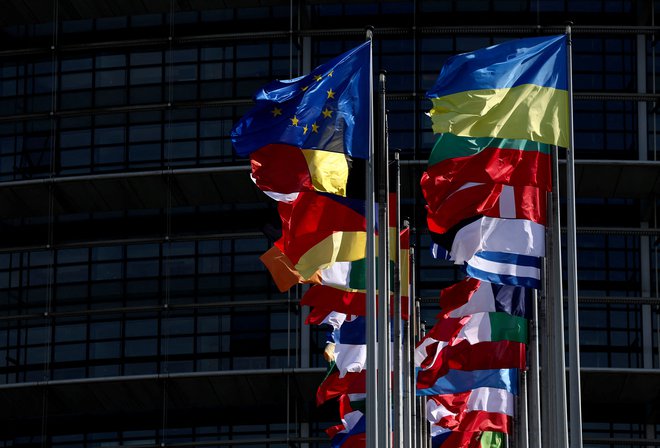 Zastave pred sedežem evropskega parlamenta v Strasbourgu: FOTO: Yves Herman/Reuters