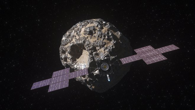 Psyche se bo v orbito kovinskega asteroida utirila avgusta 2029 in nato tam raziskovala predvidoma dve leti. FOTO: Nasa

 