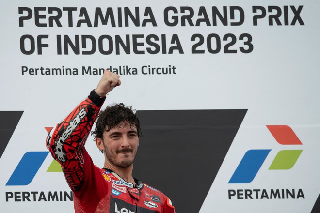 Francesco Bagnaia je včeraj slavil že šesto letošnjo zmago v razredu motoGP. FOTO: Wahyu Putro A/Antara/Reuters