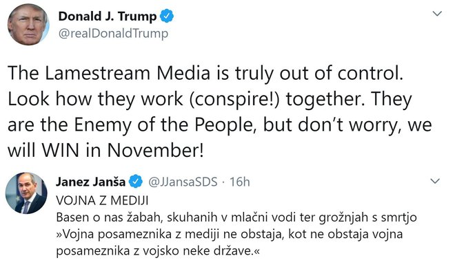 .Donald Trump in Janez Janša v času, ko sta bila na oblasti.Bosta spet?  FOTO: Twitter