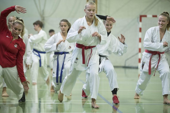 Slovenija se lahko pohvali z zelo obetavnimi karateistkami, med katere sodita tudi Zala Maria Žibret (na sredini) in Elizabeta Molnar (desno). FOTO: Jure Eržen/Delo