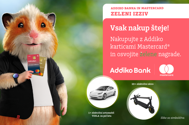 Do 23. decembra lahko sodelujete v najbolj zeleni nagradni igri za privlačne nagrade, ki jo prirejata Addiko banka in Mastercard. FOTO: Addiko Bank