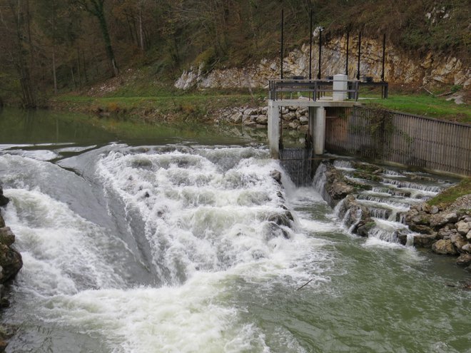 Pregrada z ribjo stezo gorvodno od
nekdanjega jezu pri nekdanjem mlinu. FOTO: Bojan Rajšek/Delo