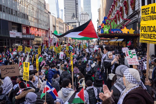 Demonstracije v podporo Palestincem med tradicionalno zahvalno Macyjevo parado v New Yorku. FOTO: Yuki Iwamura/AFP