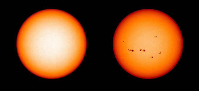 Sonce brez peg ob Sončevem minimumu decembra 2019 in s pegami ob prejšnjem maksimumu aprila 2014 FOTO: Nasa

 