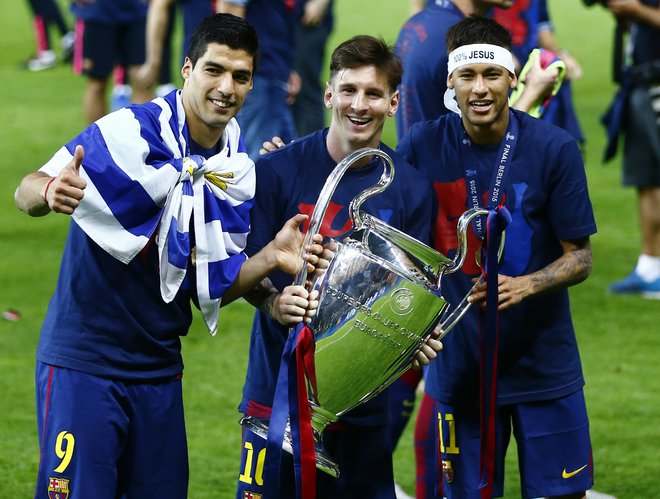 Nepozabni trojček,ki je pisal nogometno zgodovine Barcelone in lige prvakov, Luis Suarez, Lionel Messi in Neymar. FOTO: Kai Pfaffenbach/Reuters