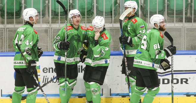 Ljubljanski hokejisti so se razveselili zmage. FOTO: Jože Suhadolnik