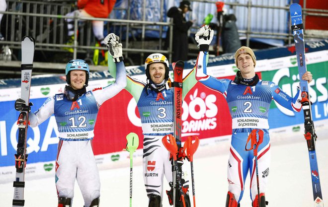 Najboljši trije v Schladmingu Strasser, Haugan in Noel. FOTO: Erwin Scheriau/AFP