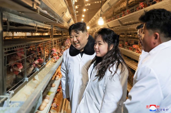 Na dan, ko naj bi dopolnil 40 let, je severnokorejski voditelj s hčerko Džu E obiskal piščančjo farmo. FOTO: KCNA/AFP