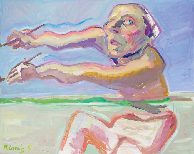 Maria Lassnig: Eilige Oberwassermalerei/Naglo slikanje na vodi/Simultano slikanje/Slikanje z dvema rokama, 1991 FOTO: arhiv Fundacije Marie Lassnig