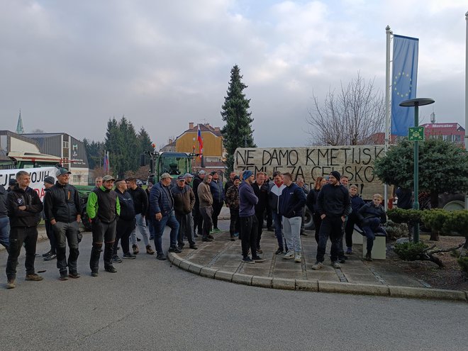 Kmetje so ministra Jožeta Novaka pričakali pred sestankom z župani. FOTO: Špela Kuralt/Delo